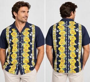 Vintage Que Hawaiian Shirt Men XL Navy Yellow Floral Aloha Made USA Cotton Rayon